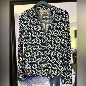 Philosophy Blue, White and Black Retro Long Sleeve Button Down Shirt ~ Size S